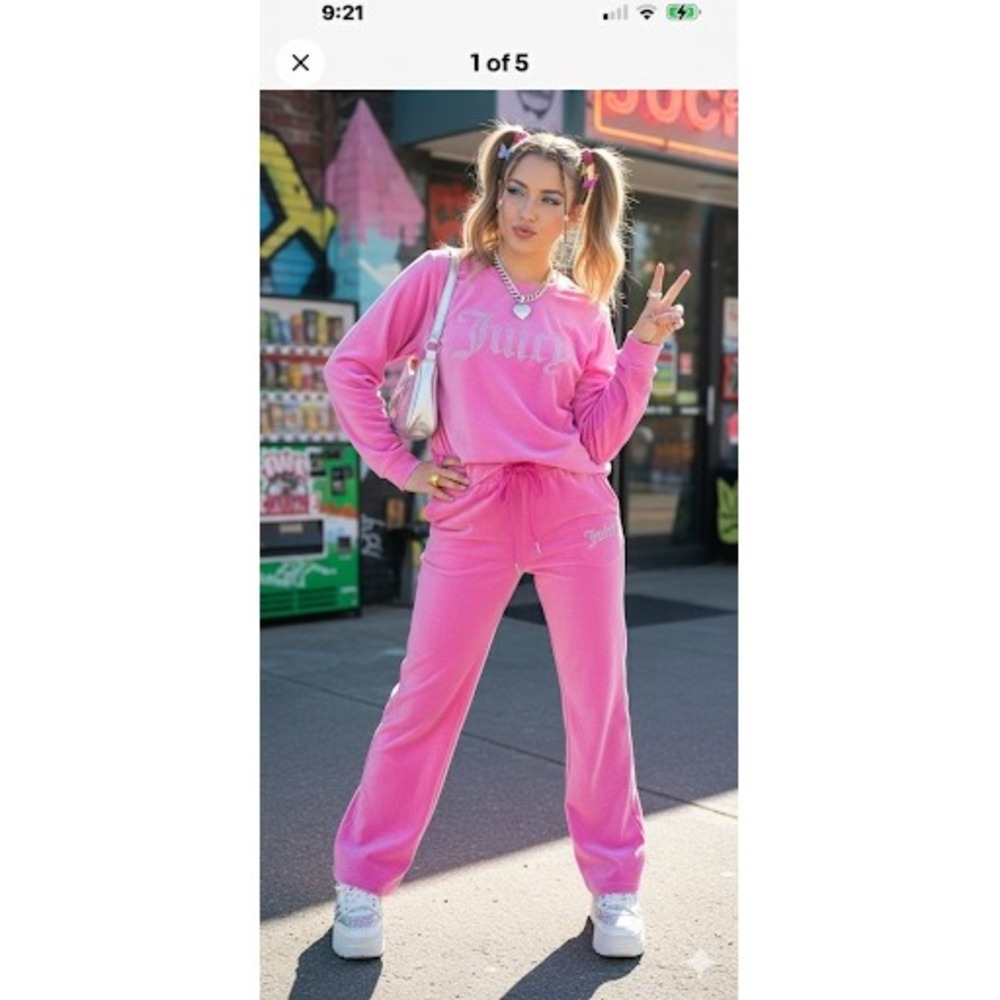 Juicy Couture Pink Velour Tracksuit Set Rhinestone Logo Sweatshirt Pants Women